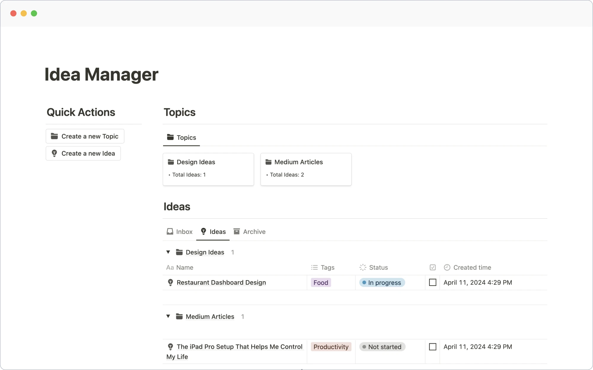 Free Idea Manager Notion Template