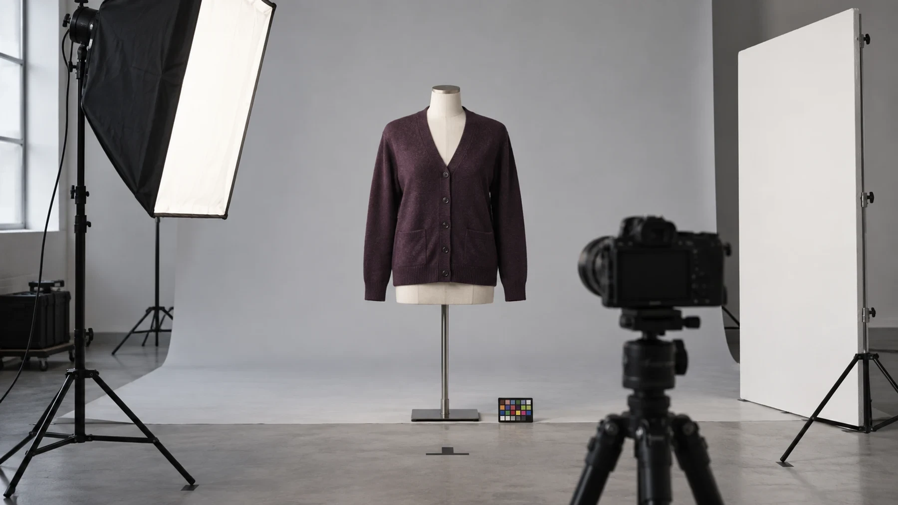 Deep plum cardigan on a mannequin between a broad softbox and white fill card with a tripod camera in front