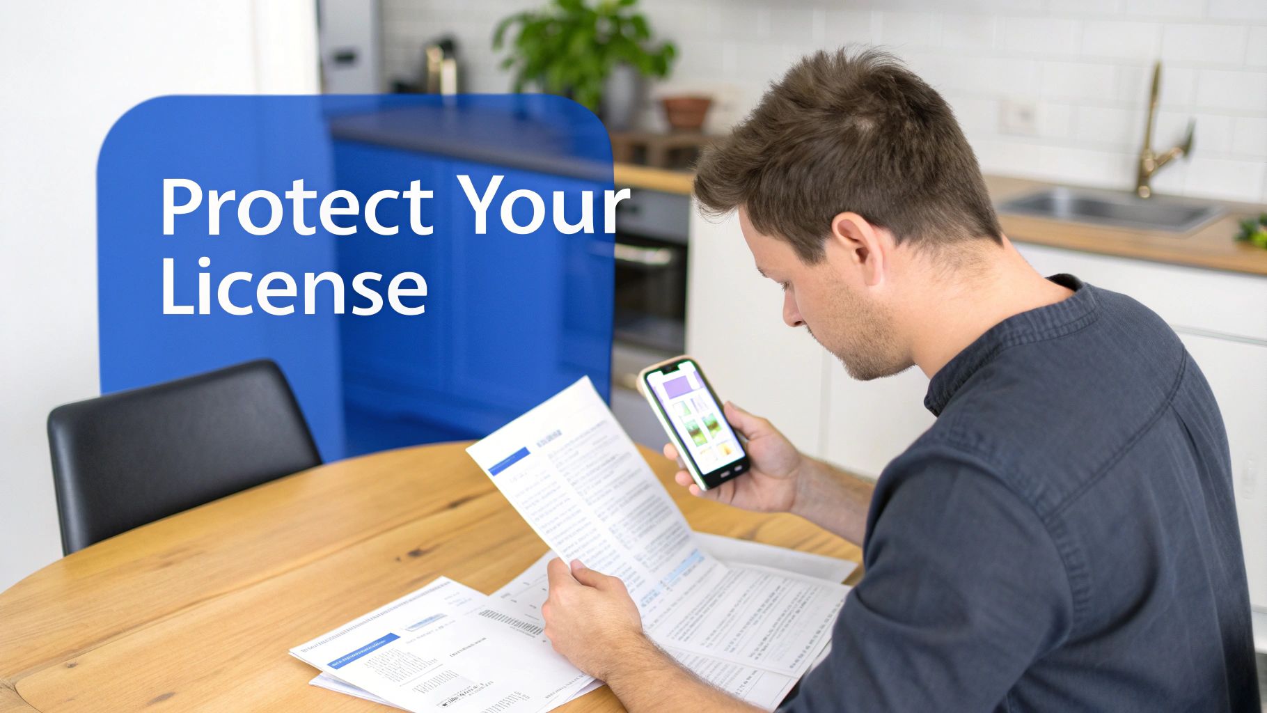 A man at a table reviewing documents with his smartphone, next to 'Protect Your License' text.