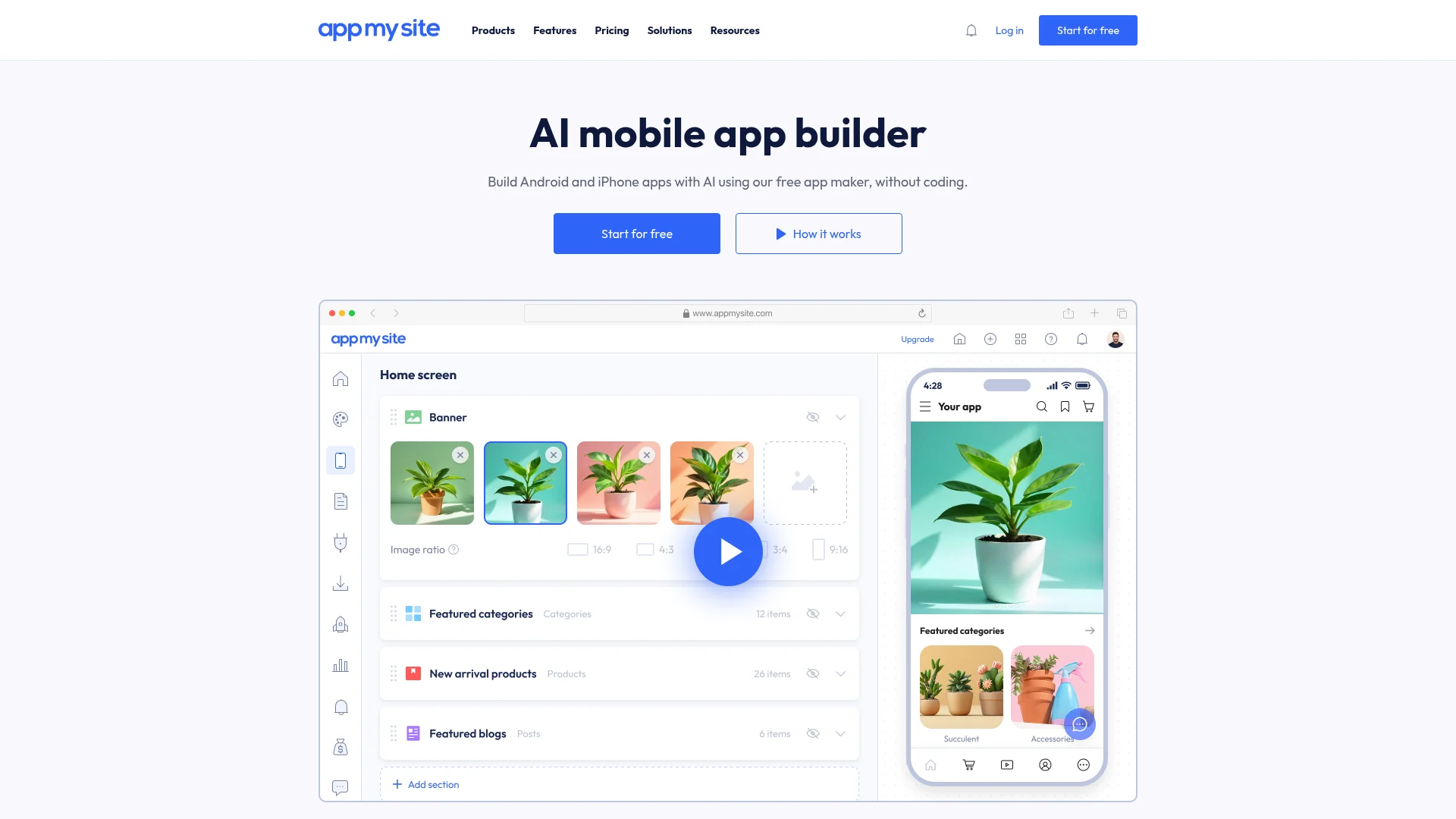 AppMySite website to mobile app converter homepage