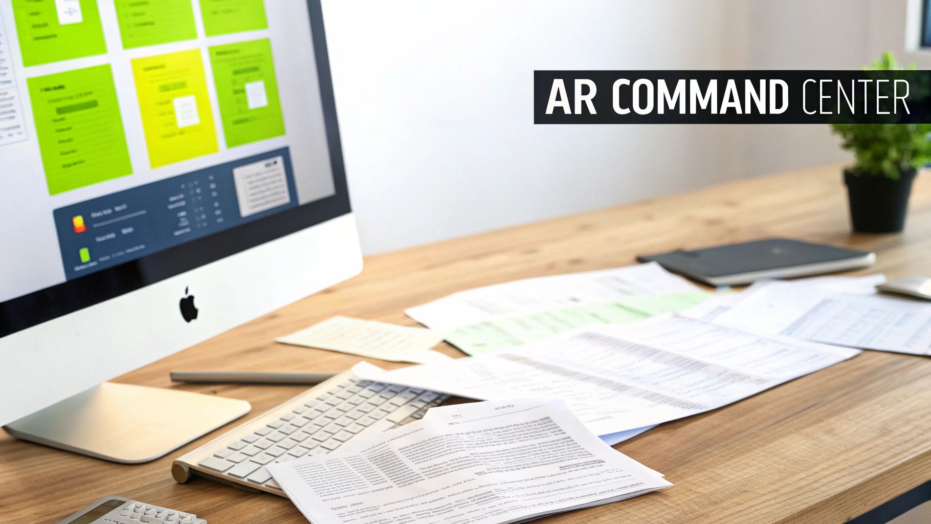 A finance professional reviewing a clean accounts receivable dashboard on a large monitor, indicating control and clarity.