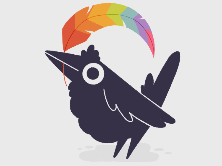 A cute illustration shocasing a cartoon black bird or raven holding a colorful rainbow umbrella.