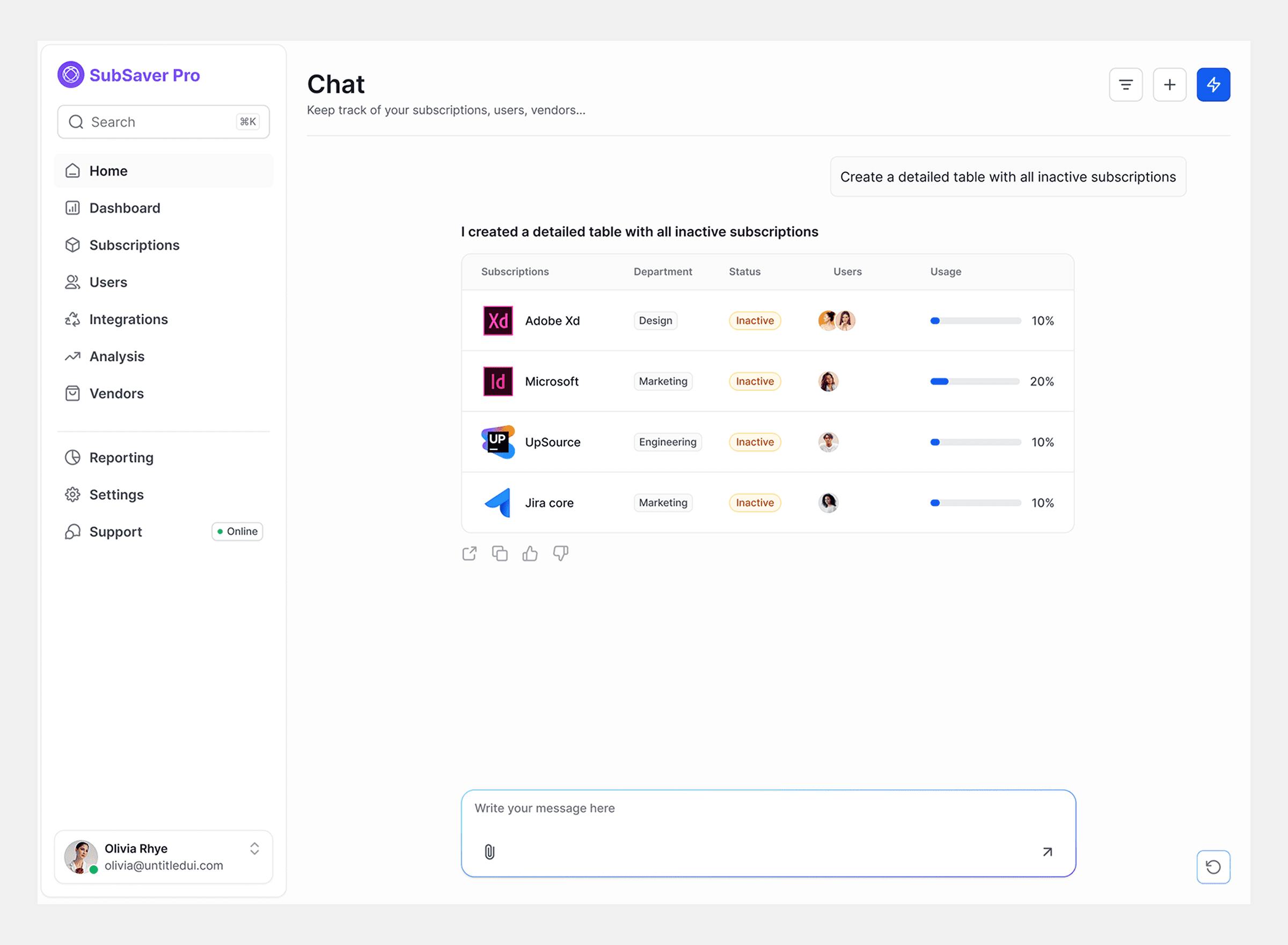 SubSaver Pro AI assistant interface showing a natural language query for inactive subscriptions, returning a table of Adobe Xd, Microsoft, UpSource, and Jira Core