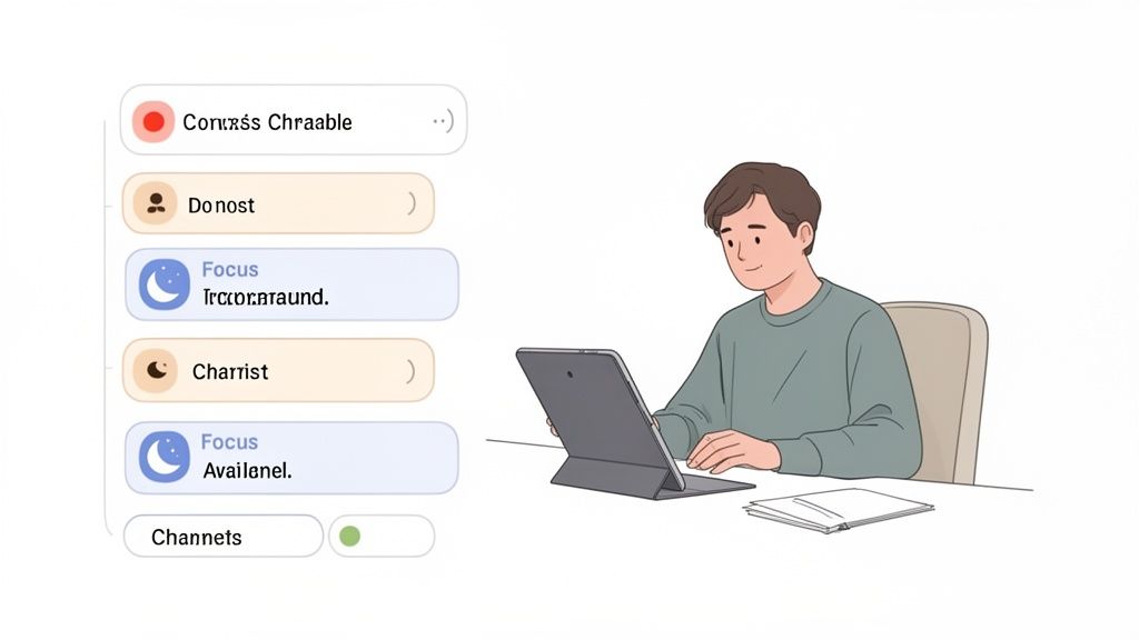 An illustrated man uses a tablet with an instant messaging menu displaying focus and channel options.