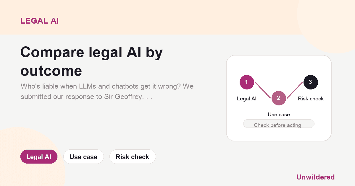 Explainer card for AI Liability for harms in the UK: Our response to UKJT and the UK government: Legal AI, Use case, Risk check.