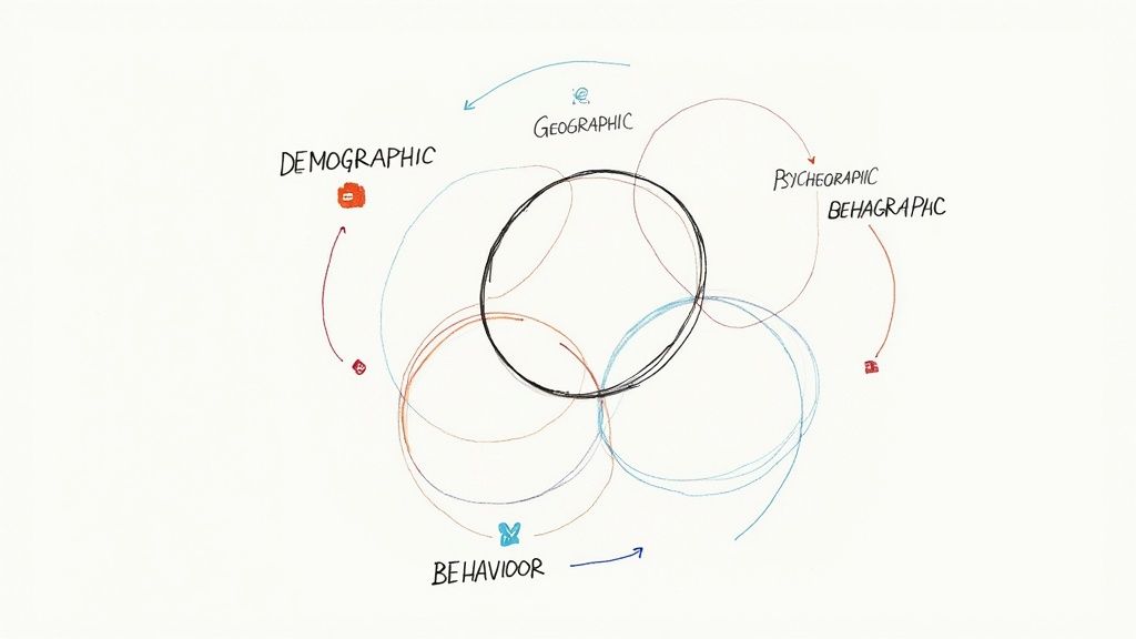 A chart with an upward-trending arrow superimposed over diverse customer profiles, symbolizing business growth driven by segmentation.