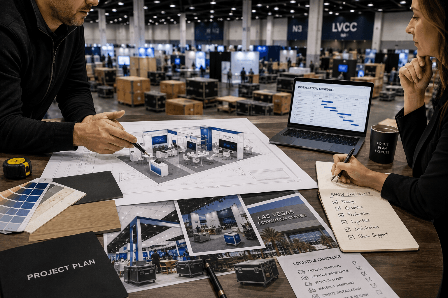 Planning table for evaluating a reliable Las Vegas trade show booth contractor with booth layout, logistics checklist, installation schedule, material samples, and graphics proofs