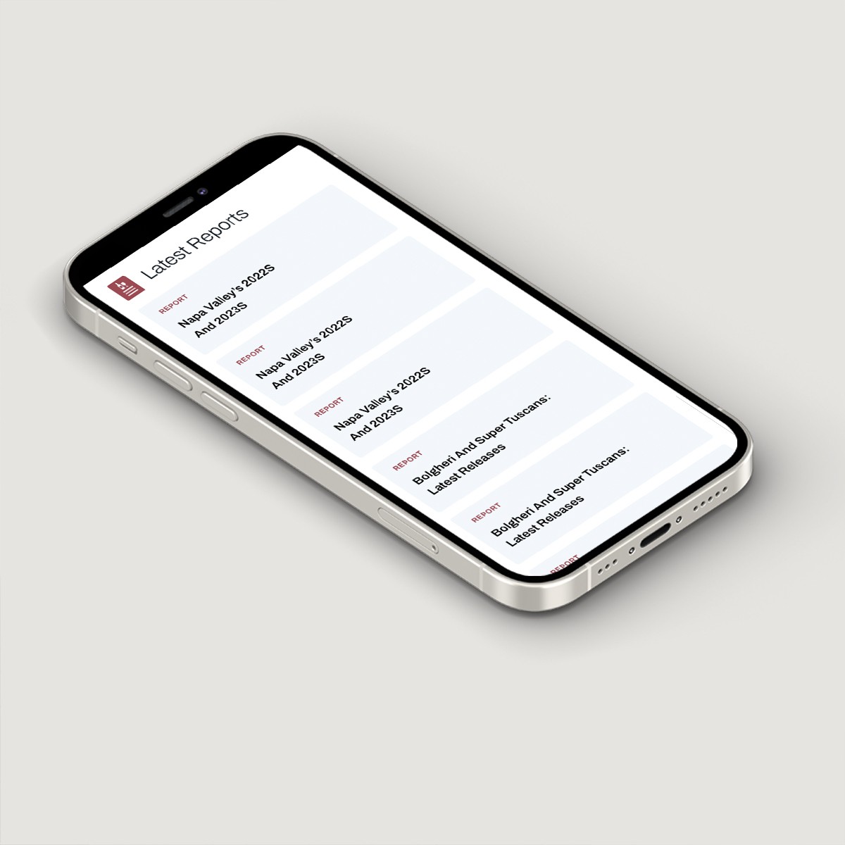 Smartphone mockup of website's reports page listing latest wine reports and reviews.
