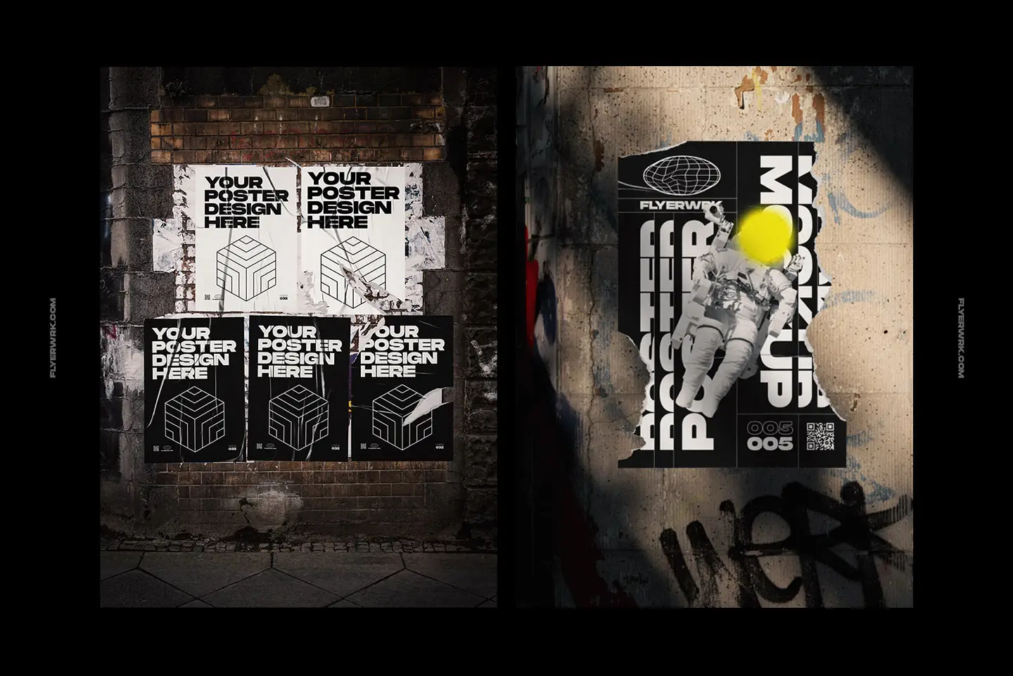 Urban poster wall mockup showing multiple posters glued on aged brick wall