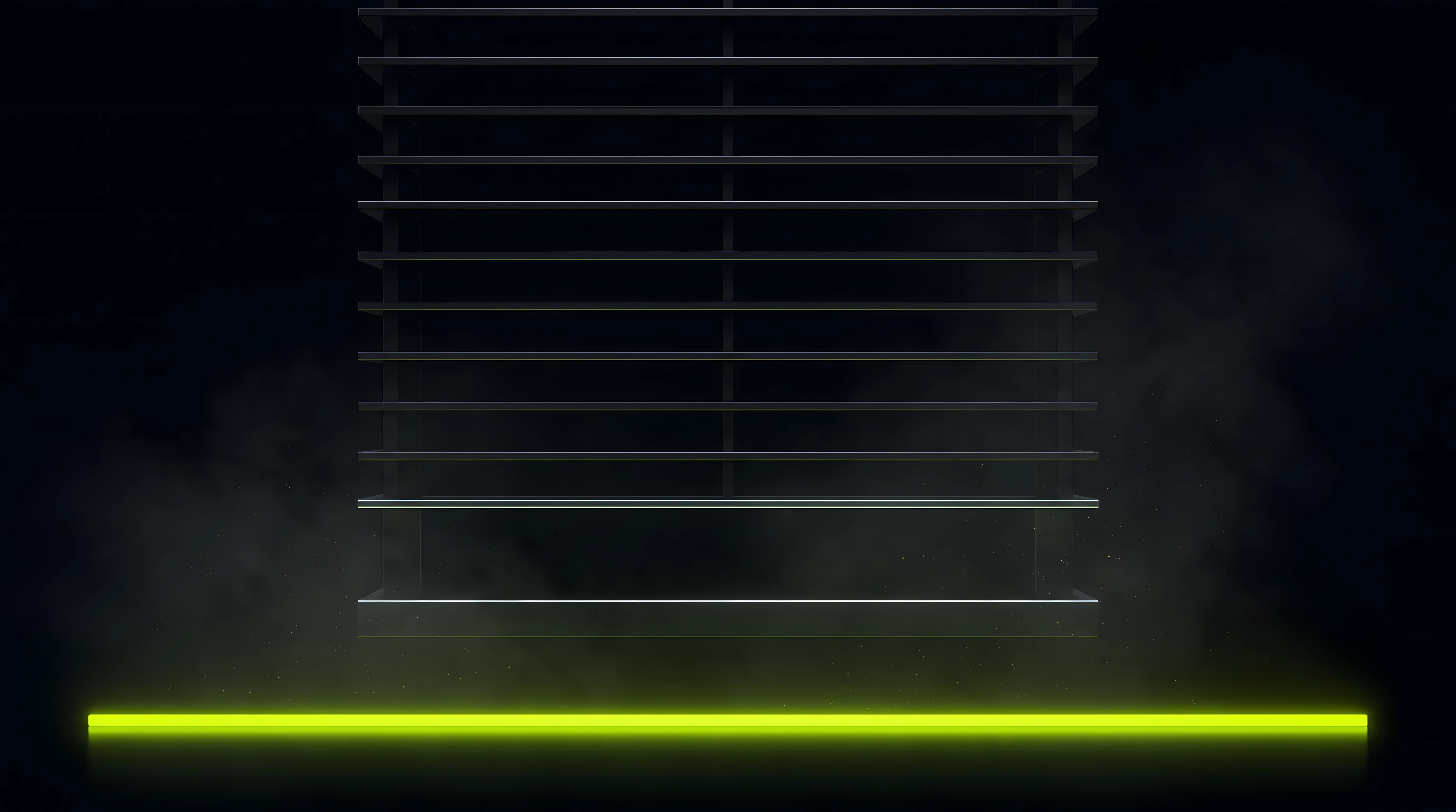 A slim toxic lime bar anchored along the base of a deep void page while stacked rows above it stop short of its edge, chrome guide lines marking the reserved height, representing a persistent player treated as permanent layout furniture.