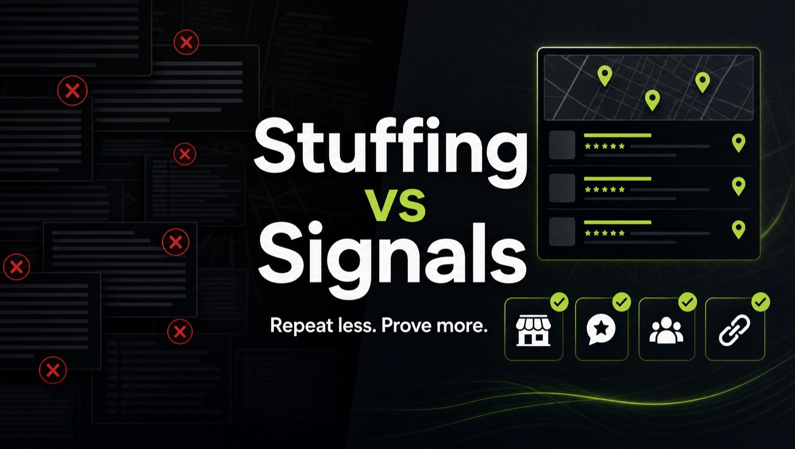 Split visual comparing keyword stuffing with cleaner local SEO signals