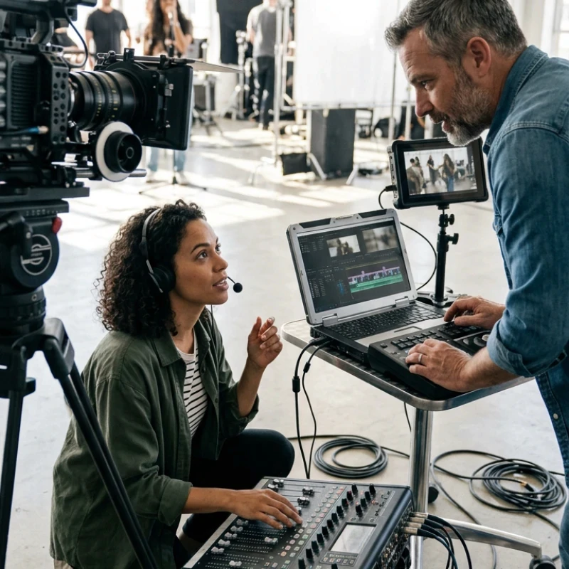 Équipe de professionnels en plein tournage sur un plateau de production, utilisant des caméras de haute technologie, des consoles de mixage audio et des stations de montage en temps réel, illustrant notre expertise en Production audiovisuelle pour assurer une production audio et vidéo complète.