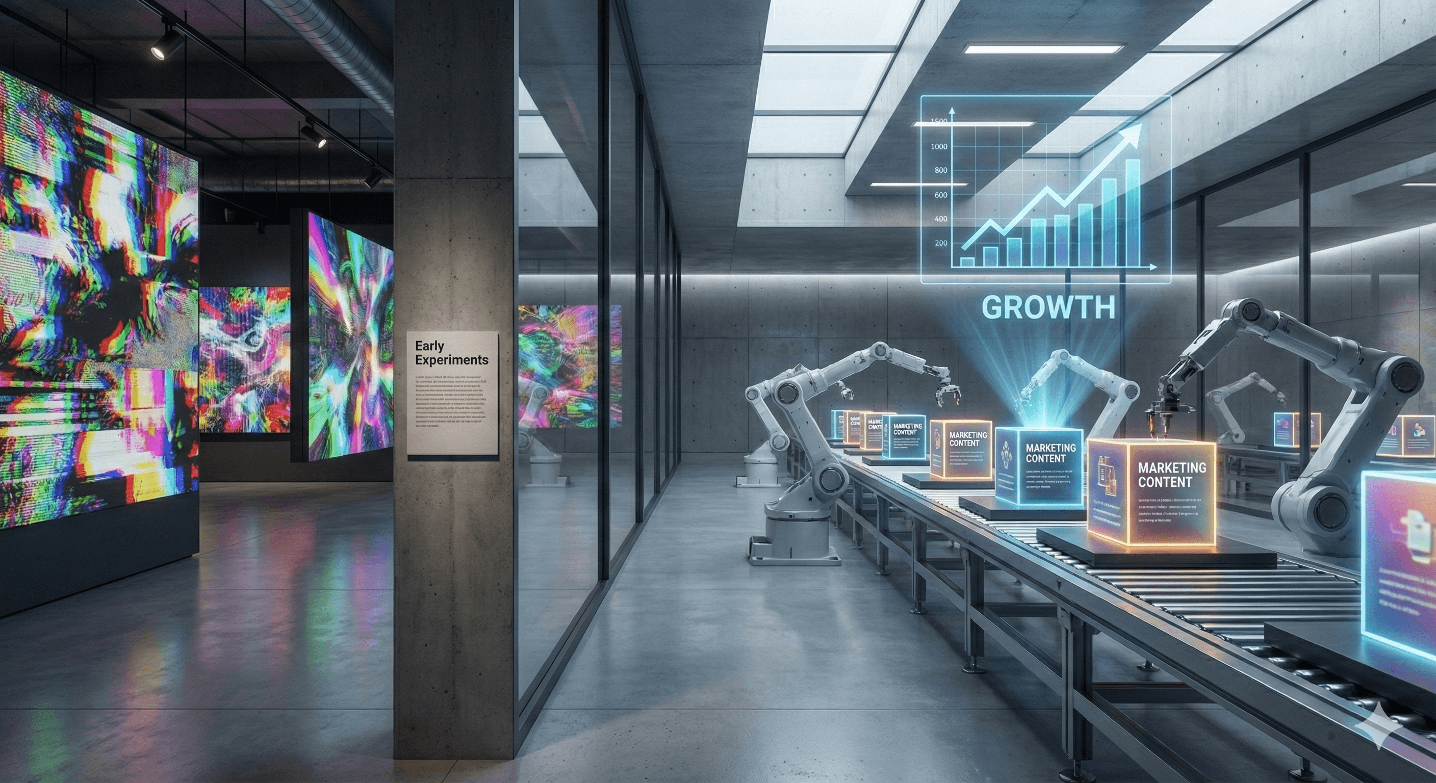 A conceptual split-screen image comparing early, experimental AI art in a gallery setting on the left with a futuristic, automated factory floor of robots producing marketing content on the right, symbolizing the evolution from creative experiment to industrial business growth.