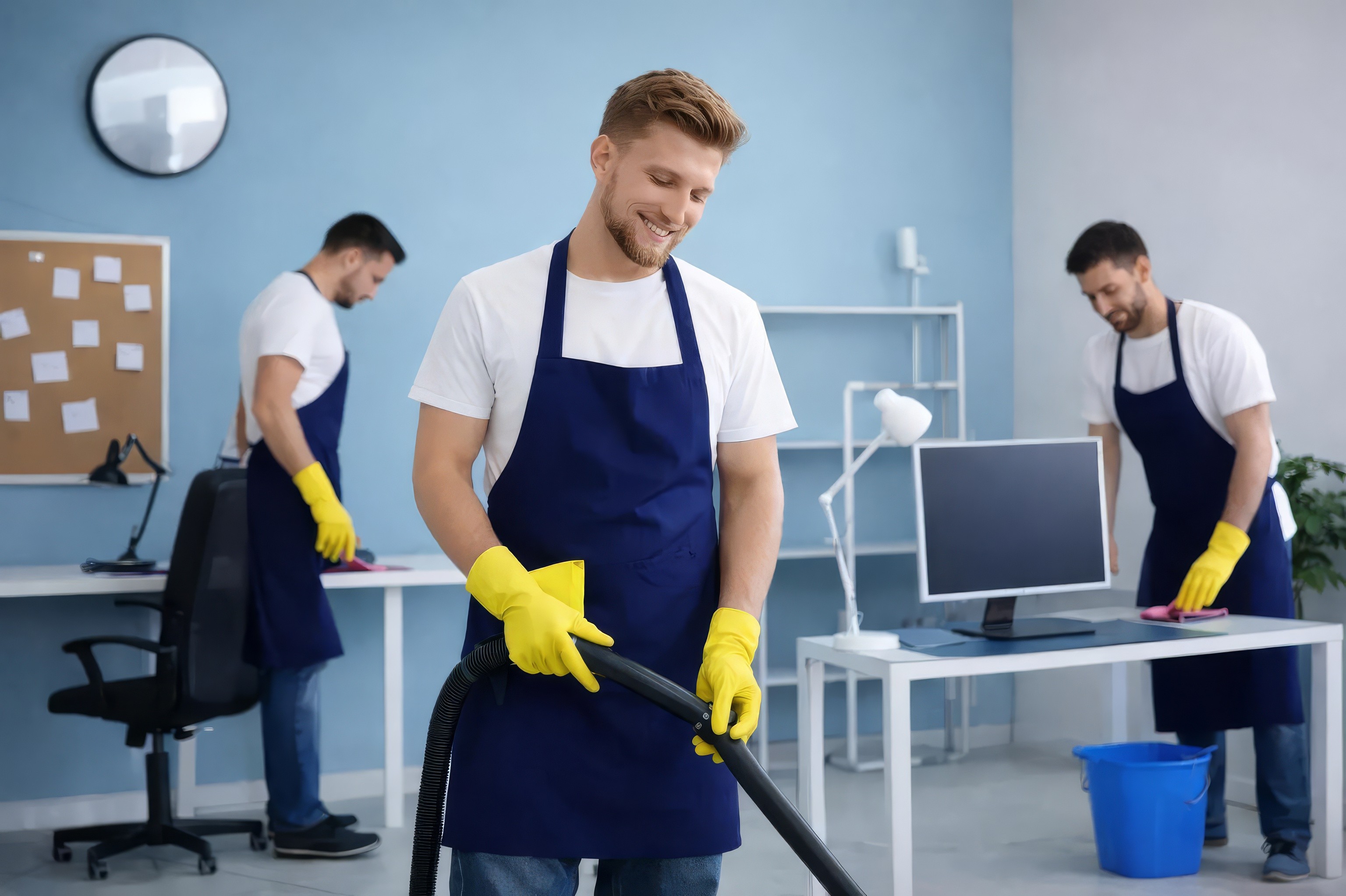 A professional cleaning crew working in an office; one man vacuums in the foreground while two others wipe down desks and equipment in the background.