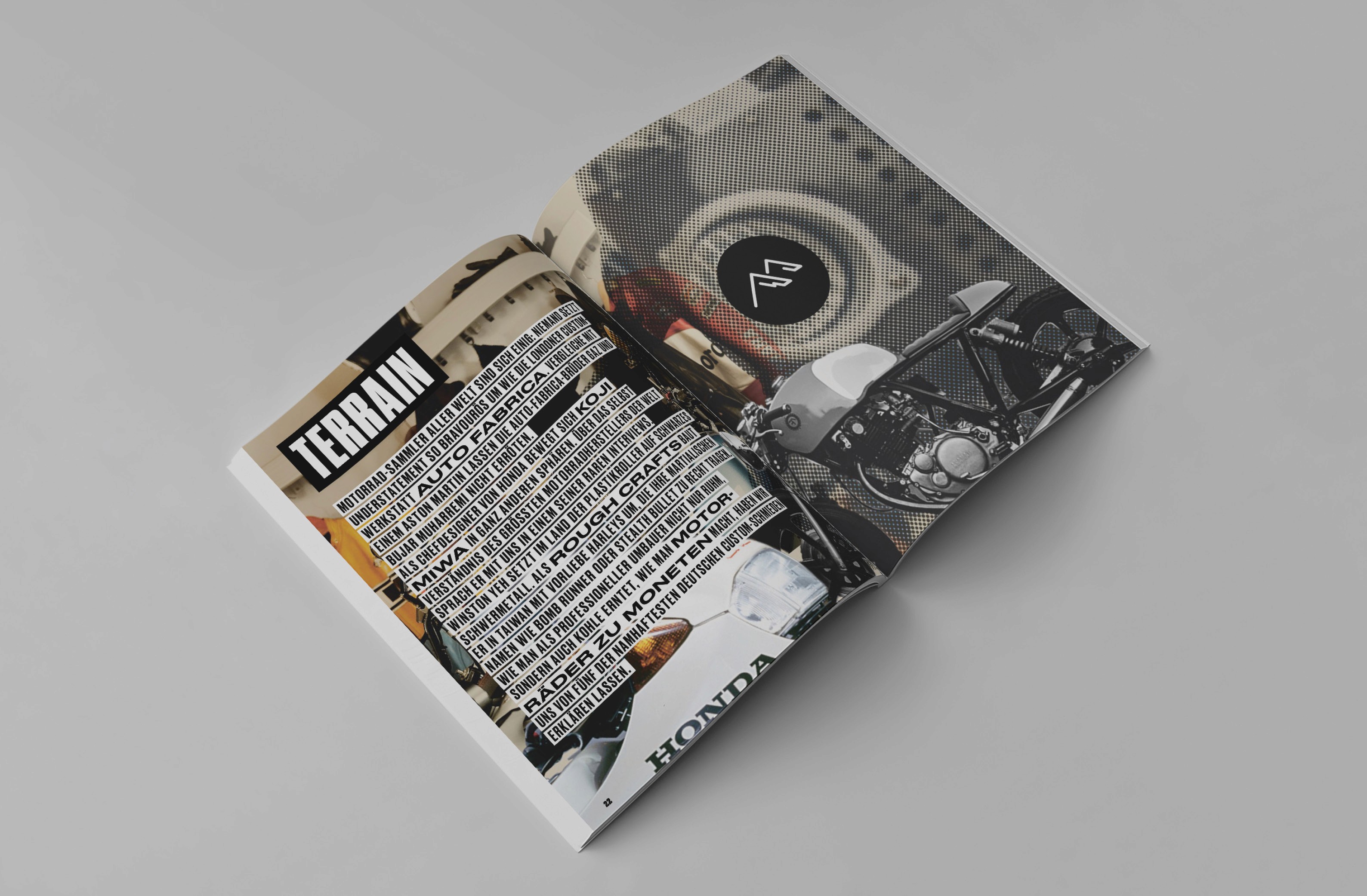 Close-up view of a stylish motorbike-themed magazine spread with the title "TERRAIN" and engaging text content.