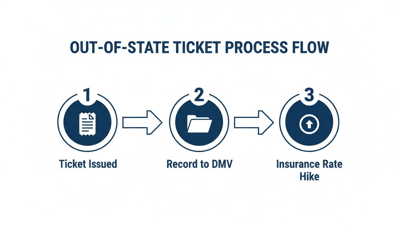Flowchart illustrating the out-of-state ticket process, from ticket issuance to DMV record and insurance rate hike.