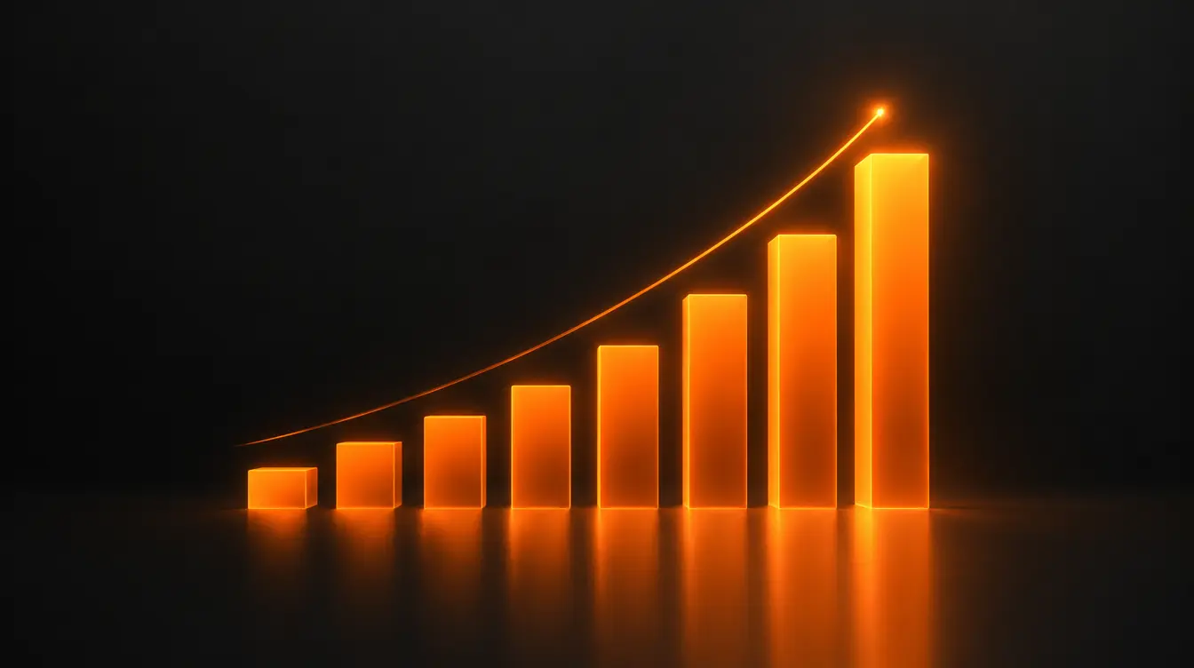 Glowing orange rising bar chart, representing analytics and data insights