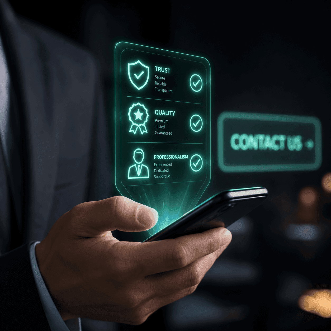 Close-up of a business professional in a dark suit holding a smartphone projecting a glowing neon green holographic checklist. The digital display shows checked criteria for 'TRUST: Secure, Reliable, Transparent', 'QUALITY: Premium, Tested, Guaranteed', and 'PROFESSIONALISM: Experienced, Dedicated, Supportive' next to a glowing 'CONTACT US' button. This visualizes the silent decision-making process and mental checklist clients evaluate during the pre-contact buyer journey.