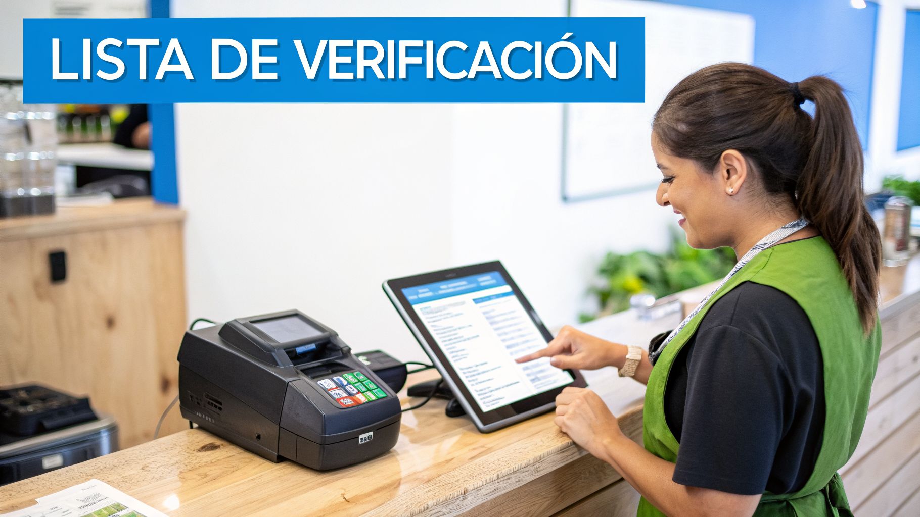 Empleada sonriente con delantal verde usando una tableta y terminal de pago en un mostrador, con el texto 'LISTA DE VERIFICACIÓN'.