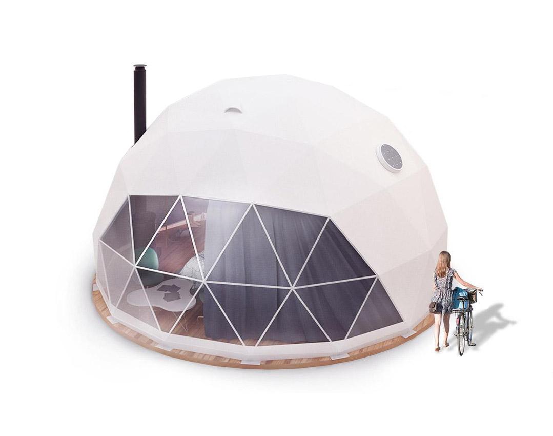 graphic of white geodesic dome with a chimney and a woman in front of it