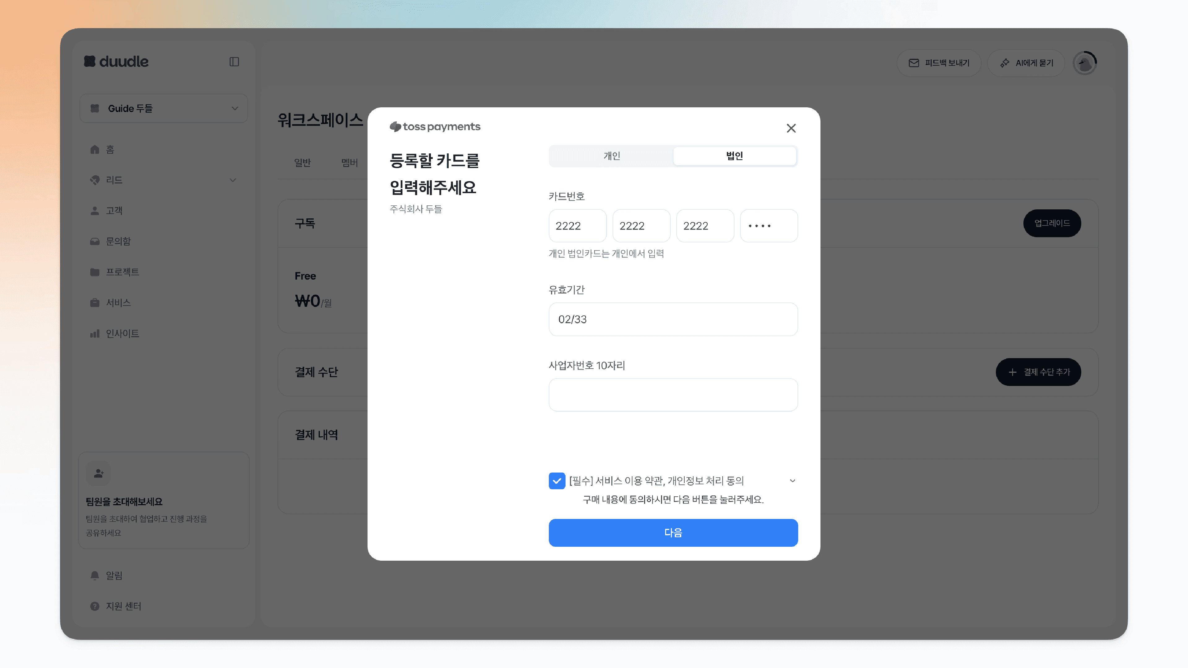 카드 정보와 약관 동의를 입력한 모습