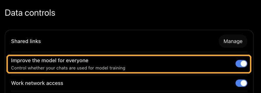 ChatGPT Data controls page showing the Improve the model for everyone toggle