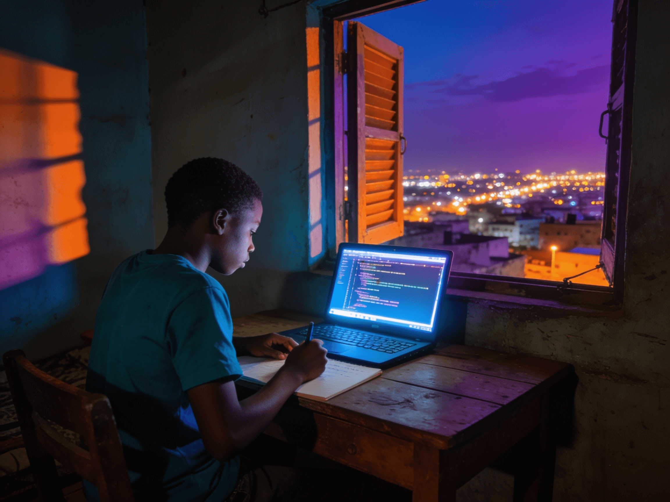 A young developer coding at night by an open window, with a city skyline glowing in the background — the screen illuminating his notebook and workspace.