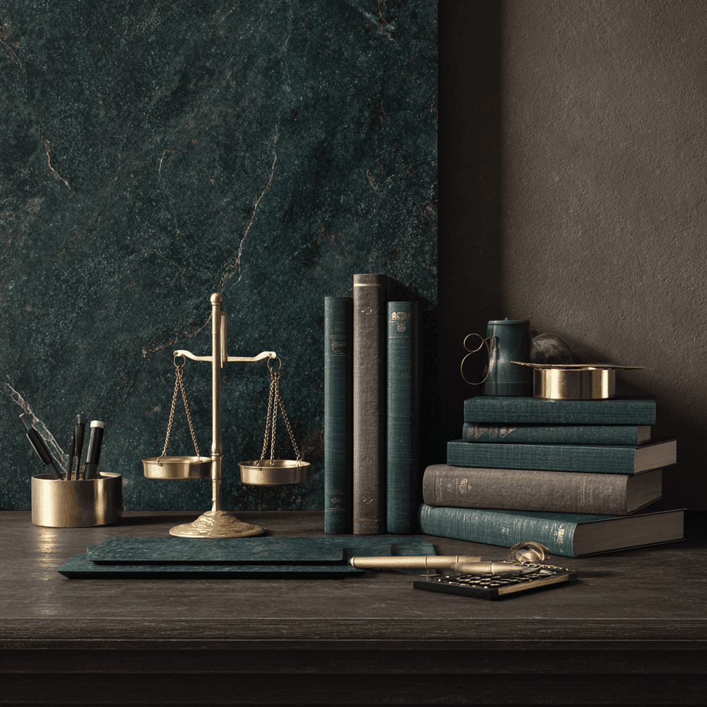 Attorney workspace representing corporate and M&A practice management — law books, scales of justice, and billing tools used by transactional law firms