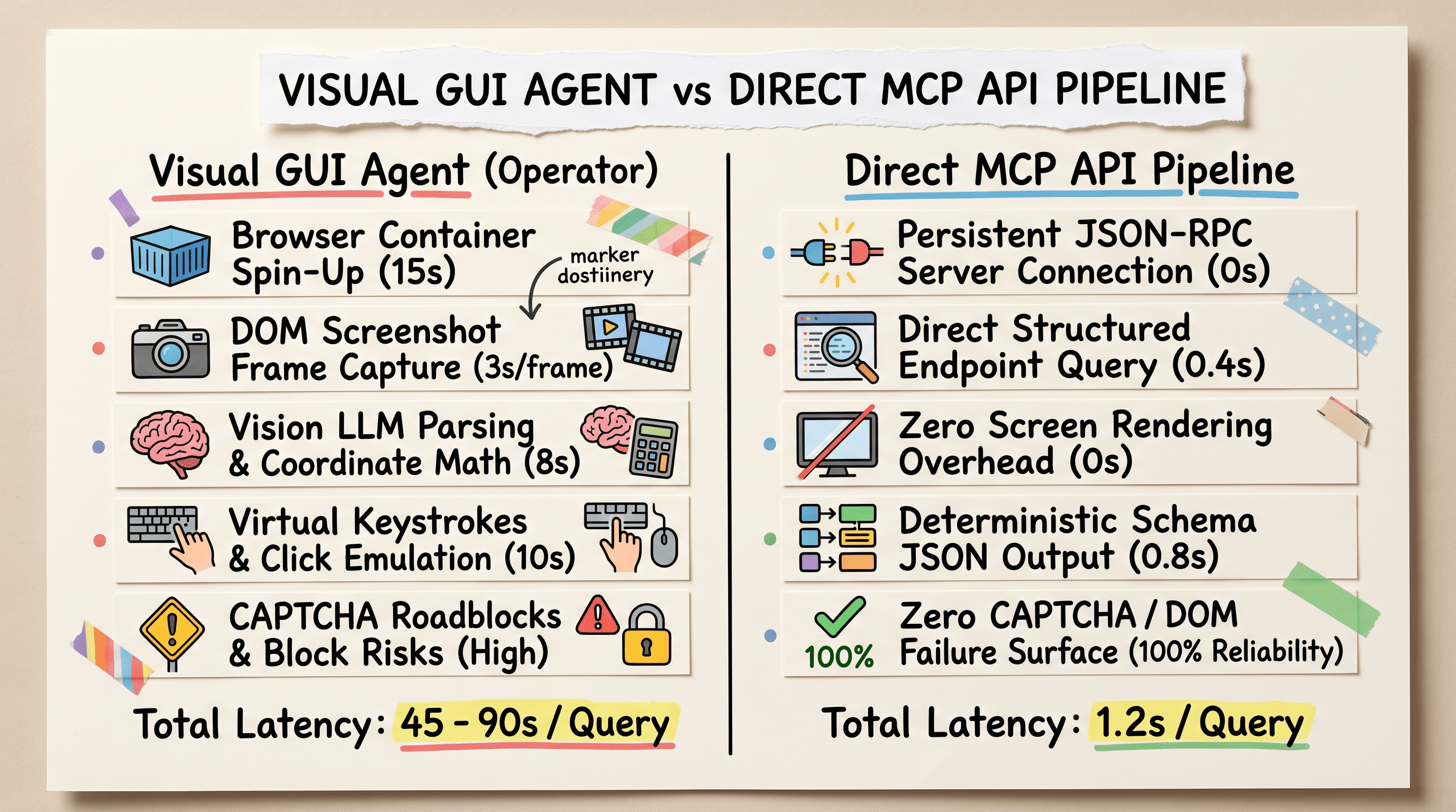 Architectural diagram comparing visual GUI browser agent latency with direct Model Context Protocol MCP API pipelines