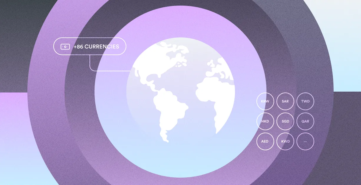 A globe with purple gradient borders around it. A bubble pointing to the globe says, "+86 currencies." In the right-hand side is a list of sample supported currencies: KRW, SAR, TWD, HKD, SGD, QAR, AED, KWD, and ...