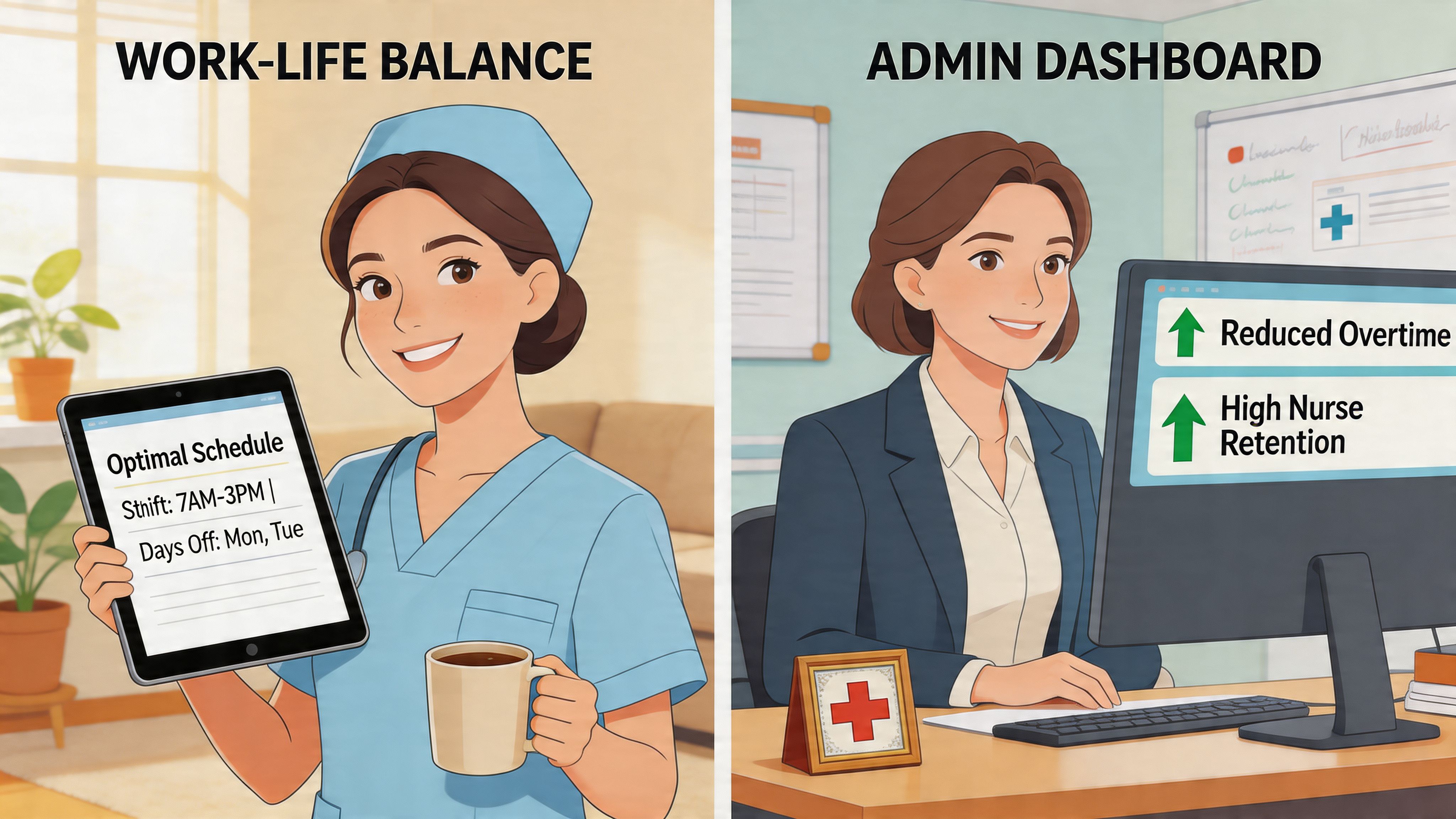 A split-screen illustration showing a happy nurse viewing her schedule and an administrator managing hospital metrics.