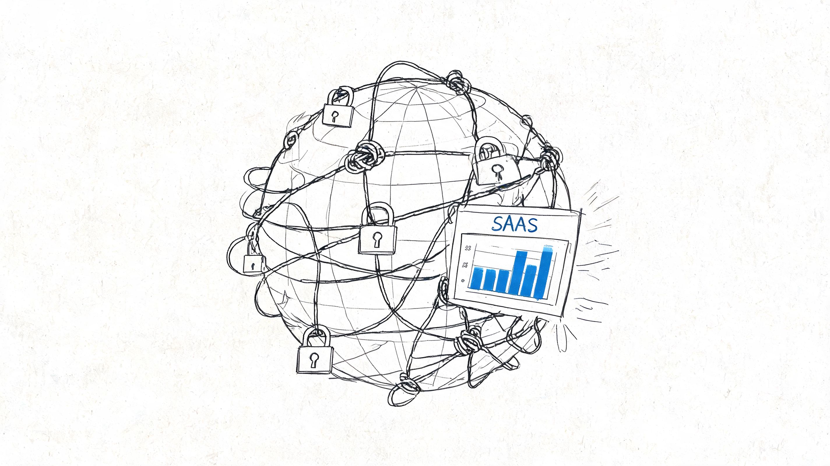 A hand-drawn sketch of a globe tied with ropes and padlocks alongside a digital SaaS graph.