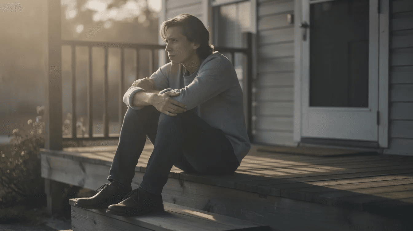 A person sits alone on a porch step, looking pensive in the soft afternoon light, reflecting on the complexities of life and grief, perhaps contemplating family dynamics and the impact of an unequal inheritance after the death of a parent. The scene captures a moment of solitude and introspection amidst the backdrop of sibling relationships and the emotional weight of loss.