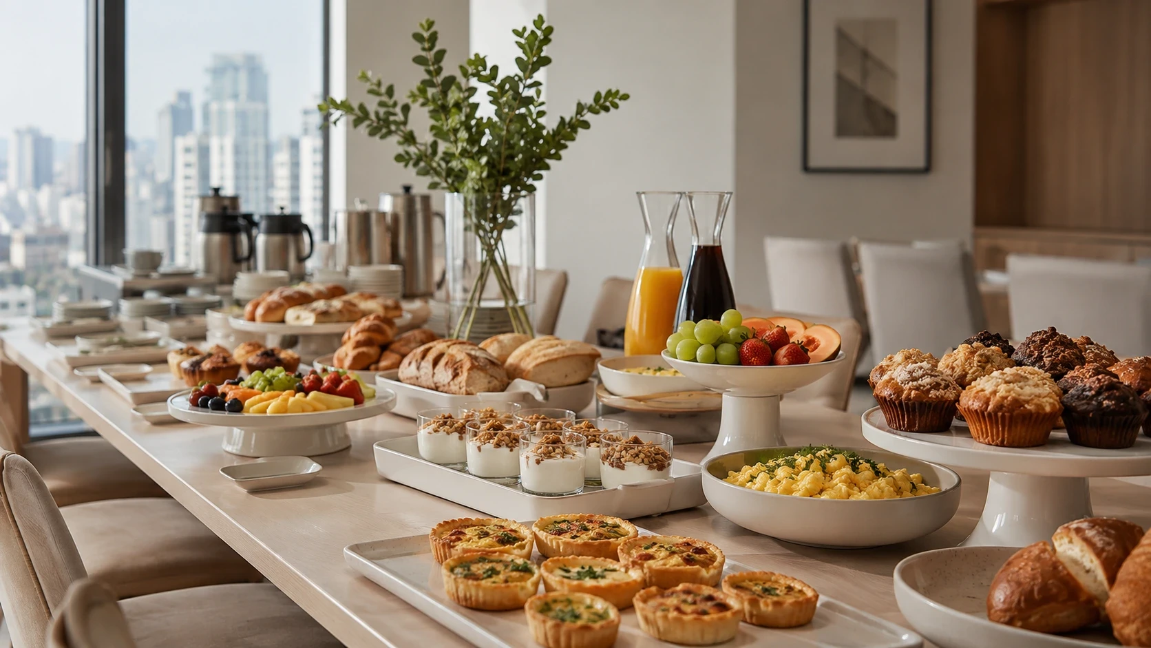 mesa de brunch corporativo com salgados e doces variados em ambiente executivo claro