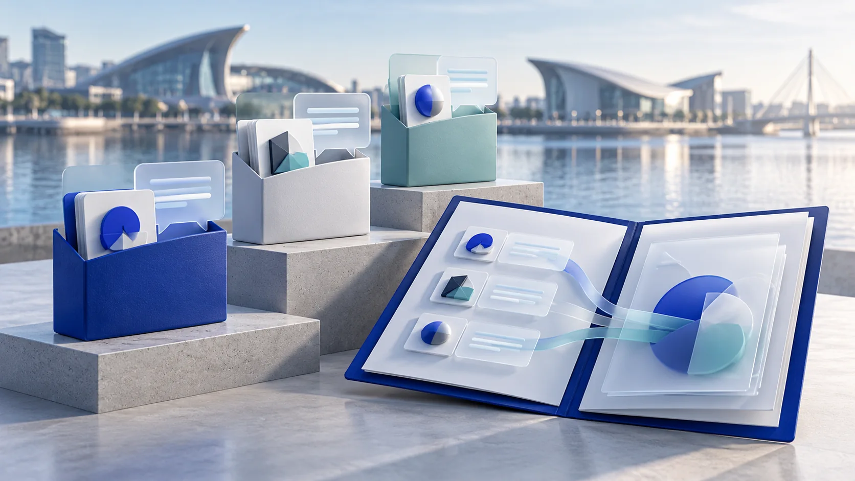 Separate client folders and GEO reporting cards in a Cardiff-inspired setting.