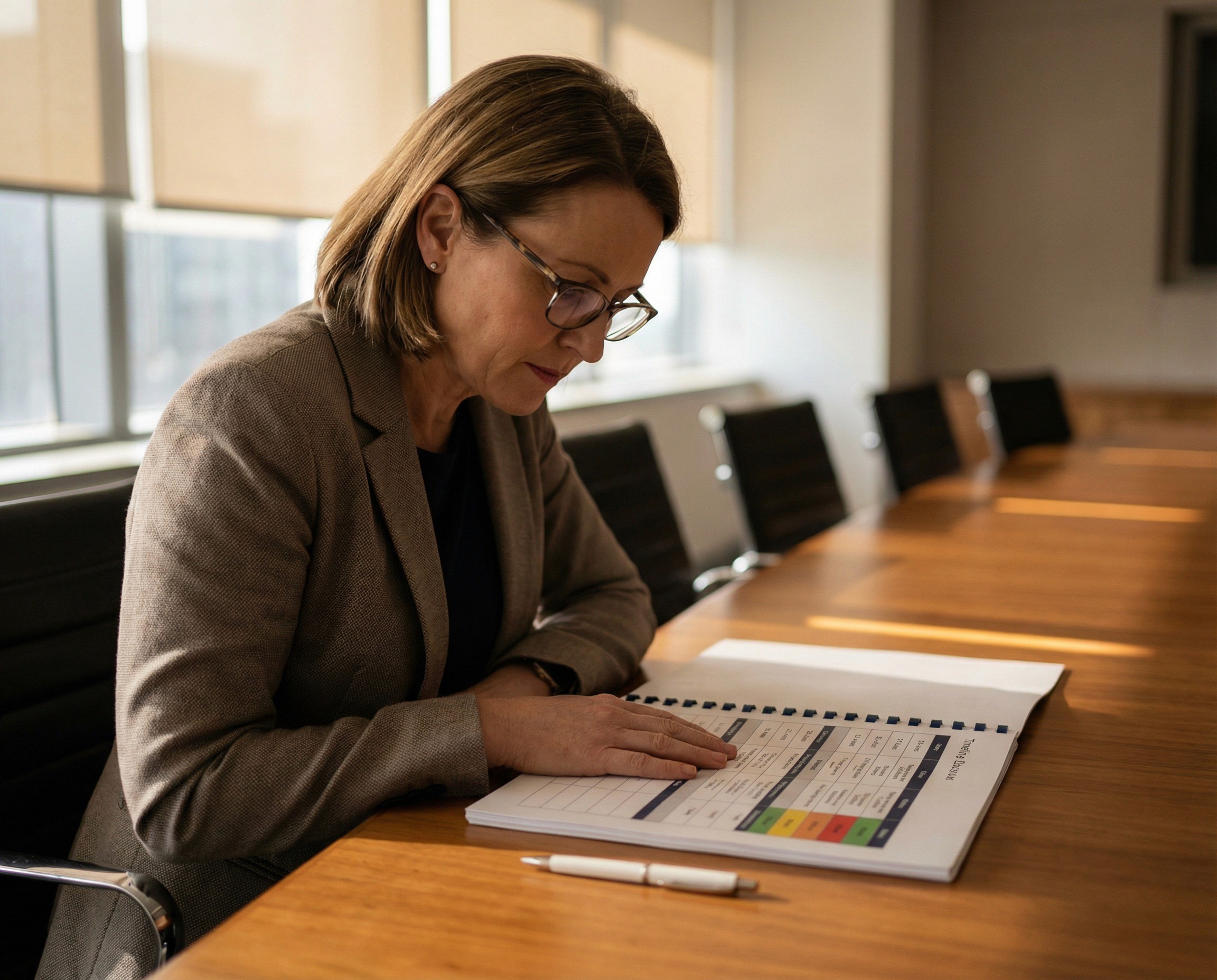  managing director in her late 40s sitting at a polished boardroom table, alone, with a bound compliance evidence document open in front of her to a page showing a structured timeline of actions — dates, owner names, and status indicators running down the page in a clear sequence, visible in layout but not legible. She has one hand flat on the open page and is reading a specific entry with the careful, line-by-line attention of someone who understands that her personal liability depends on what this document contains. Her reading glasses are on.