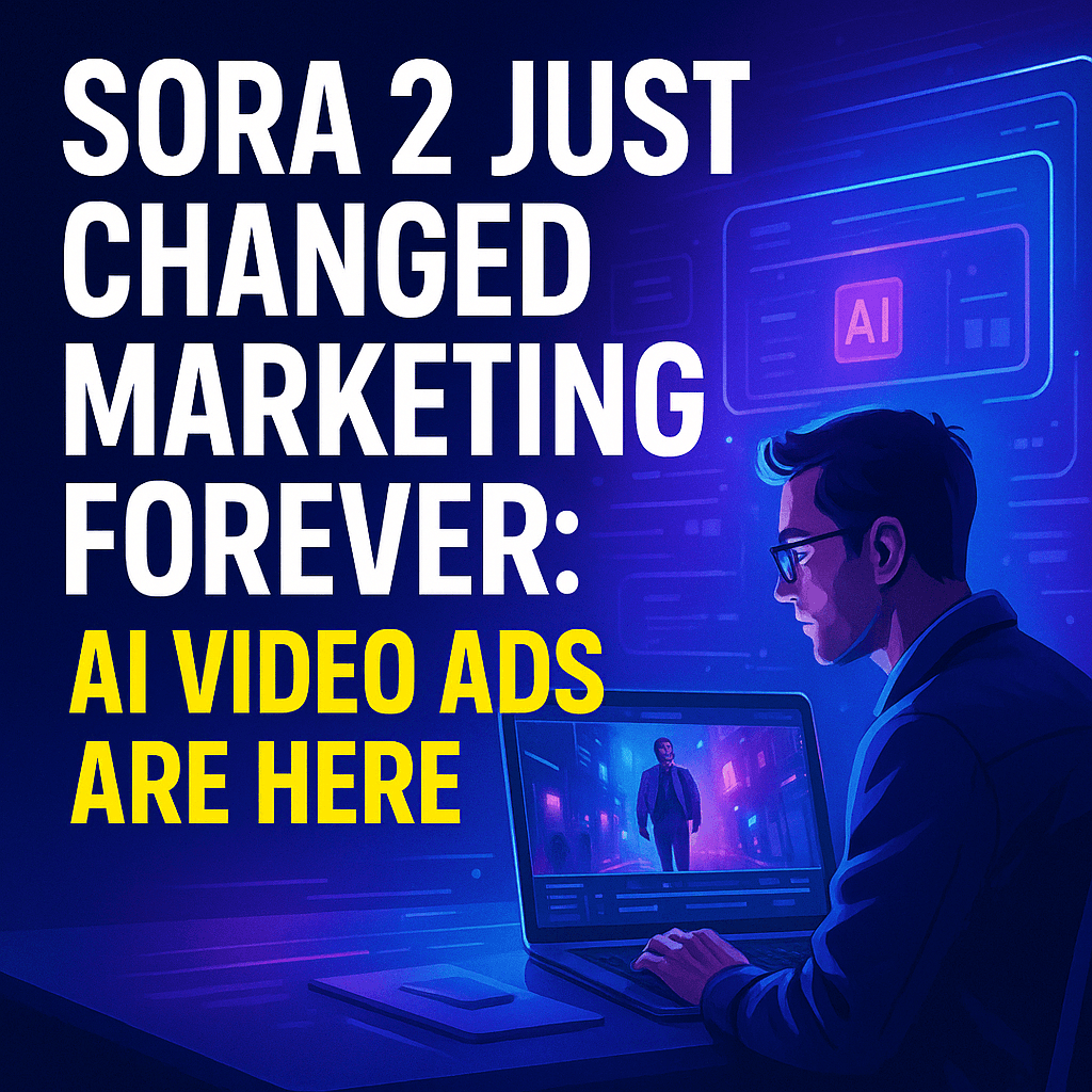 Futuristic digital illustration of a marketer using AI technology on a laptop to create cinematic ads, representing Sora AI revolutionizing video marketing and advertising automation.