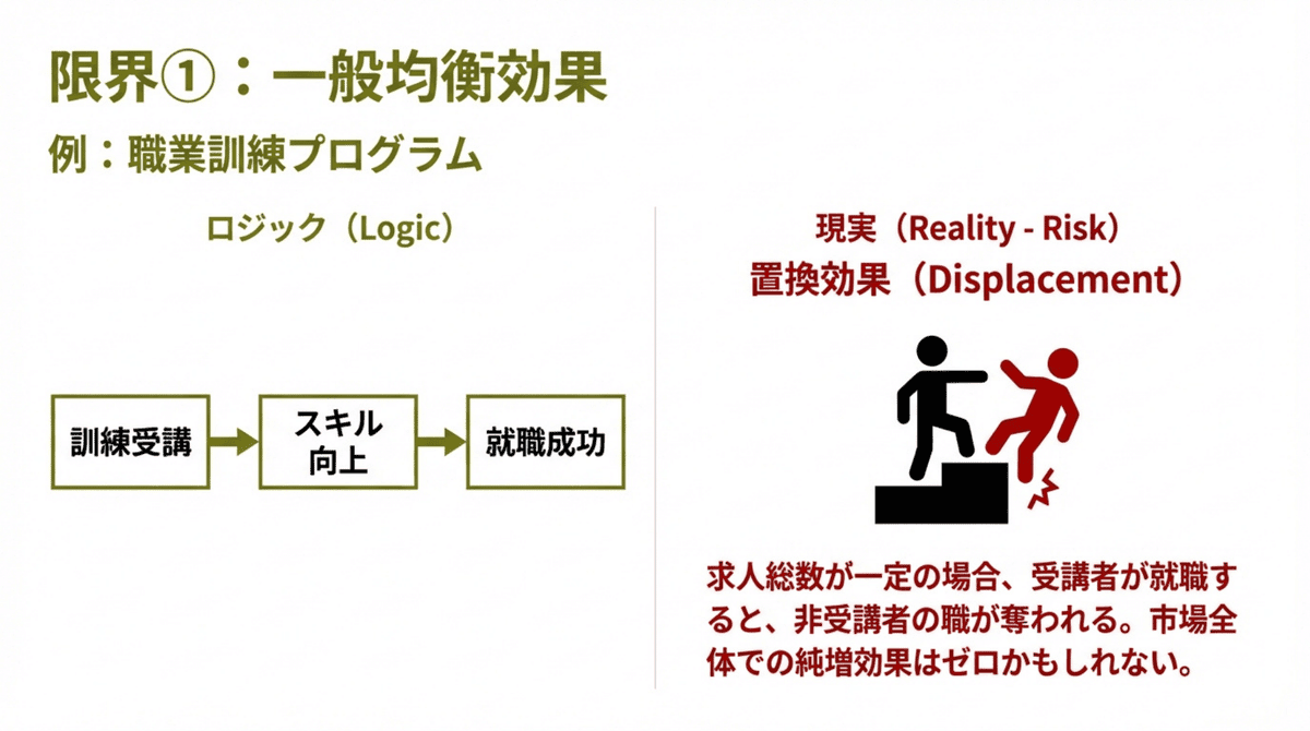 一般均衡効果（General Equilibrium Effects）と置換効果（Displacement）の概念図。職業訓練政策が個人の就職率を上げても、市場全体の純増効果がゼロとなる可能性を示し、政策評価における市場全体分析の重要性を解説。