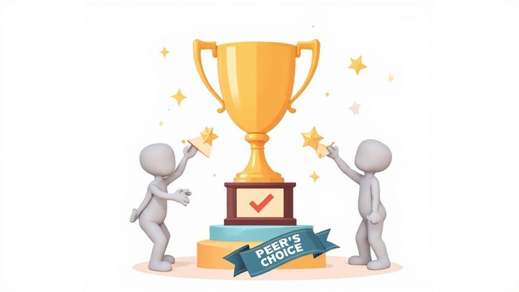 Two cartoon figures celebrating with golden trophy and peer's choice award ribbon