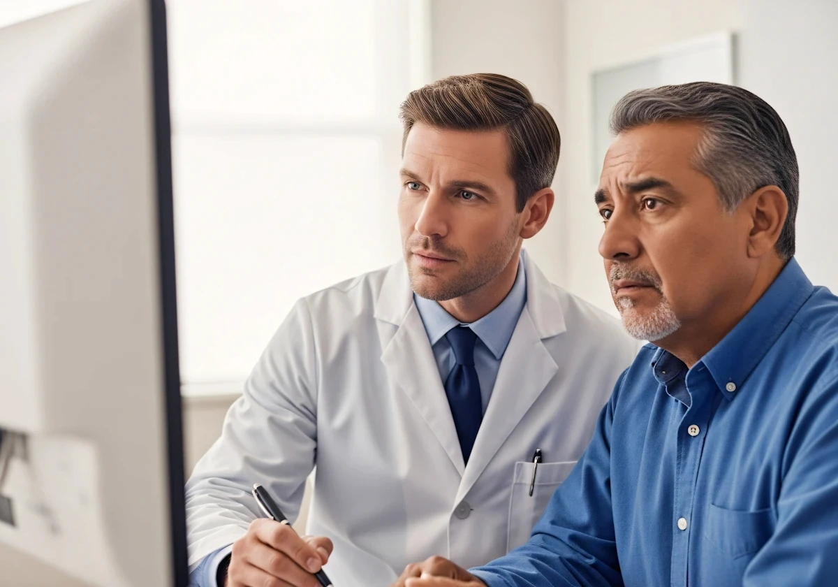 Doctor in white coat consulting middle-aged man in blue shirt, both focused on computer screen in a bright office.