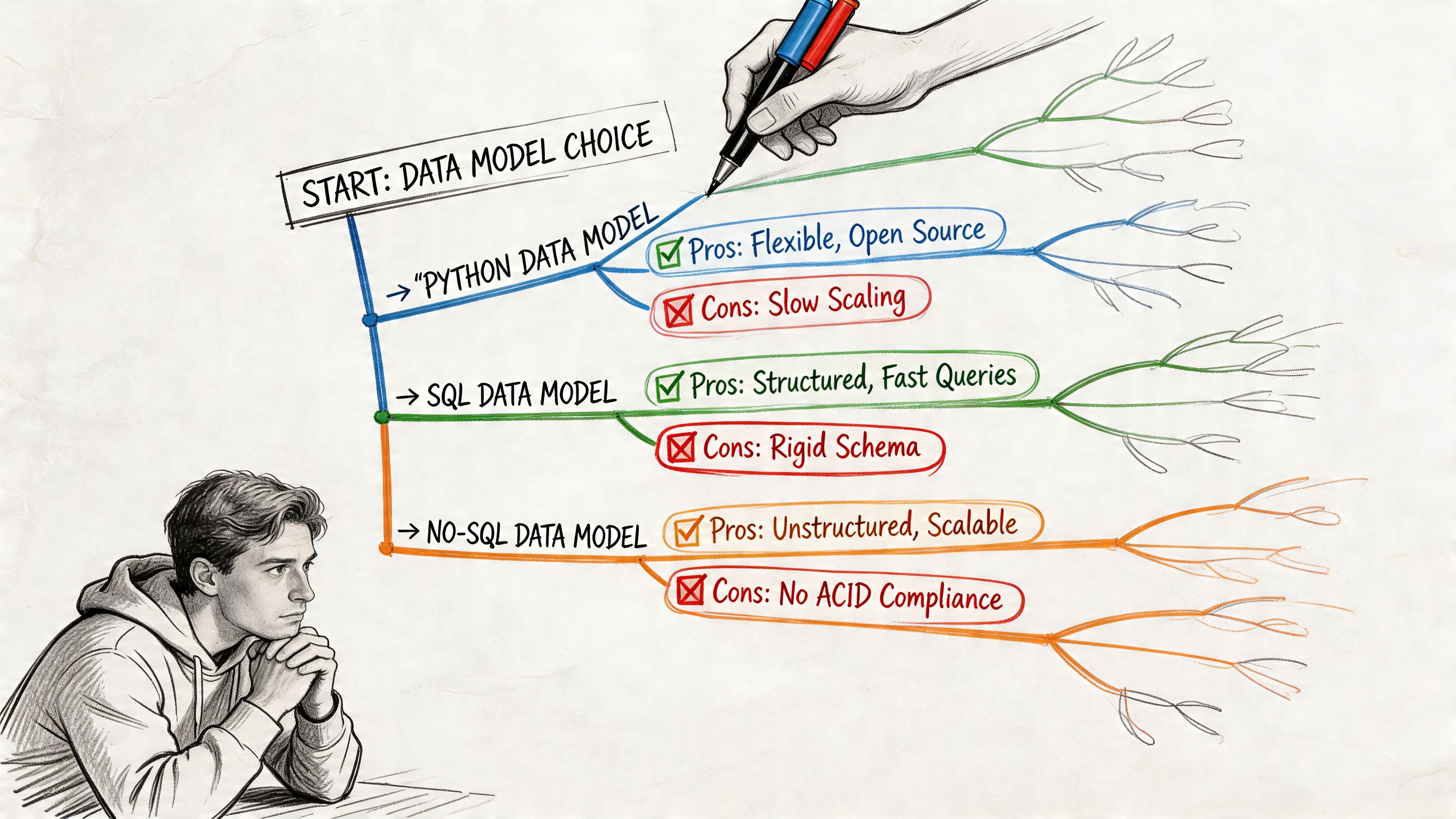 A hand-drawn flowchart illustrating choices between Python, SQL, and No-SQL data models for software development.