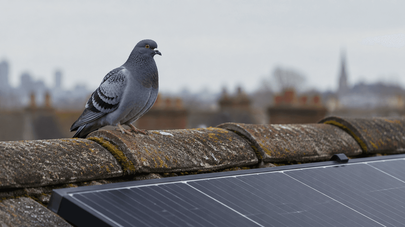 A pigeon perched on ridge tiles above black solar panels, with the London skyline in the background.