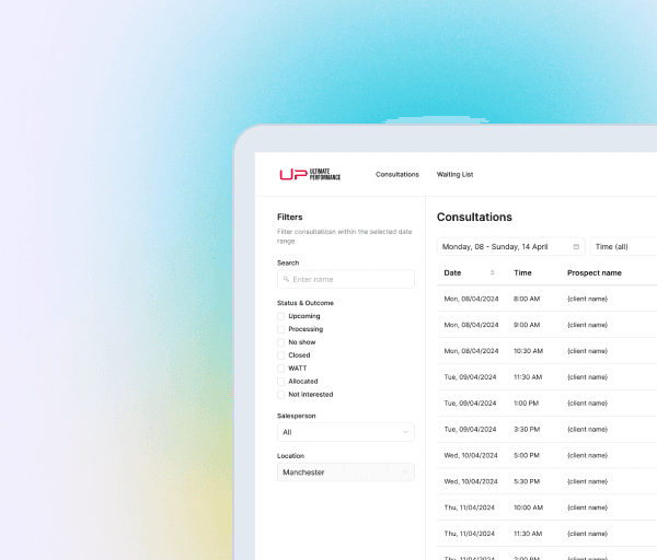 Image of interface of onboarding magement system. Data tables, on a gradient background.