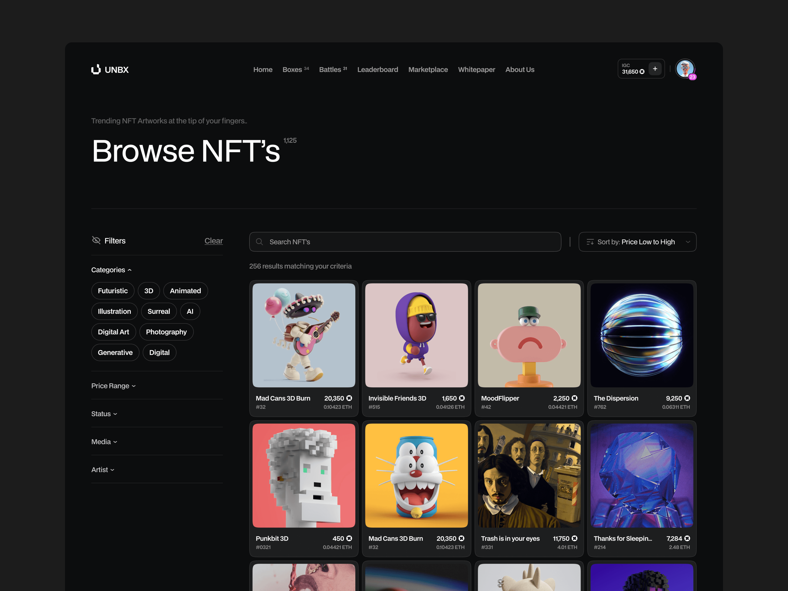 unbx nft marketplace web design