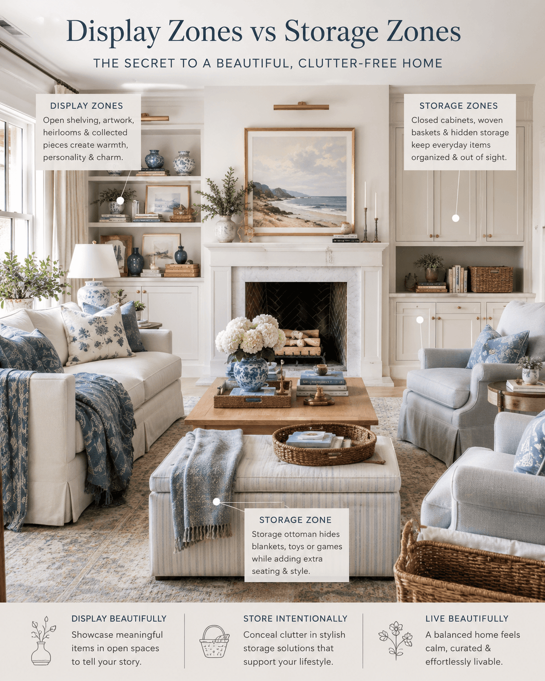 Beautiful living room illustrating display zones versus storage zones for a clutter-free home, featuring open shelves with art and heirlooms, closed cabinets, woven baskets, and a storage ottoman for organized, stylish storage; showcases how to display meaningful items while hiding clutter for a calm, curated space.