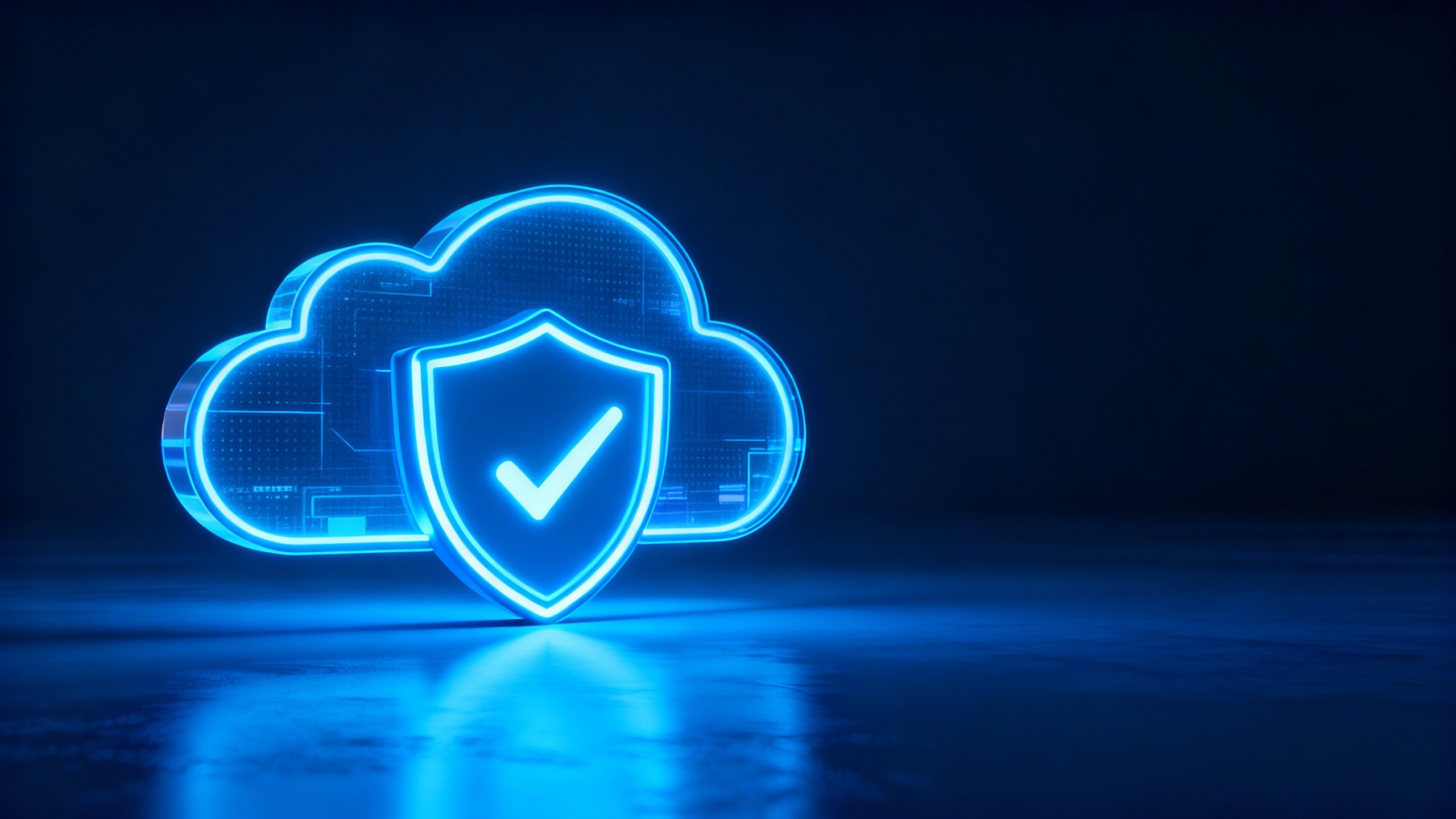 Neon blue cloud with a shield and checkmark symbolizing cloud security and compliance.