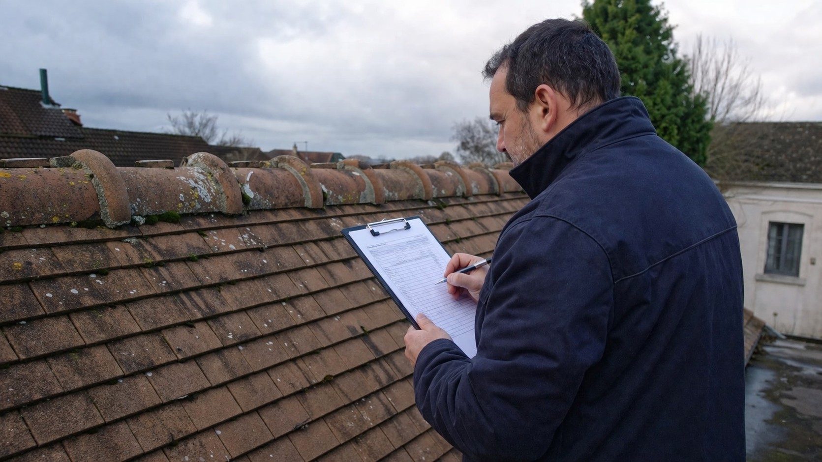 Artisan ou expert toiture en train de contrôler une toiture en tuiles avec un clipboard dans le cadre d’un contrat d’entretien toiture, sous ciel couvert