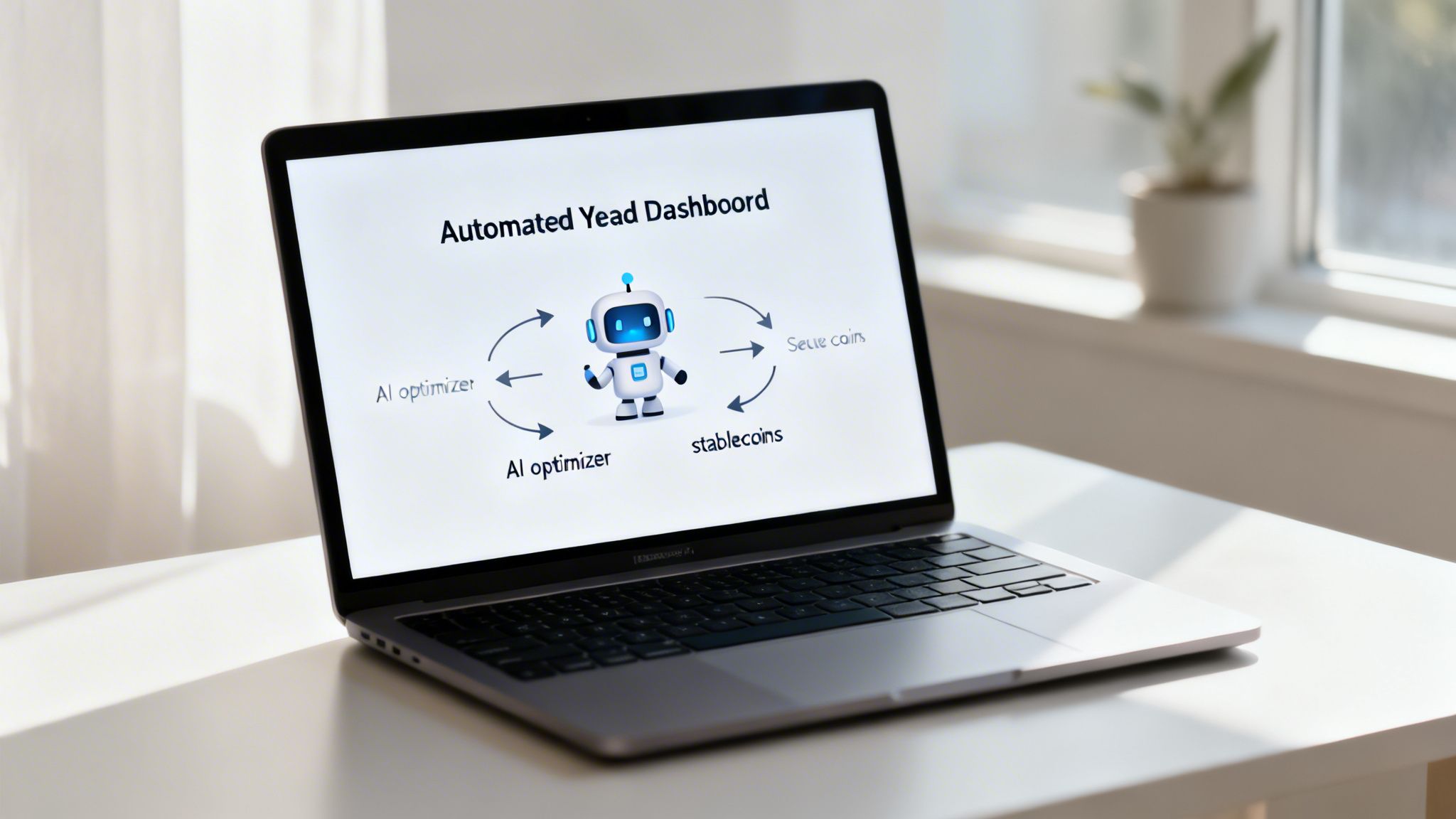 A laptop displays an 'Automated Yield Dashboard' diagram featuring a robot and AI financial concepts.