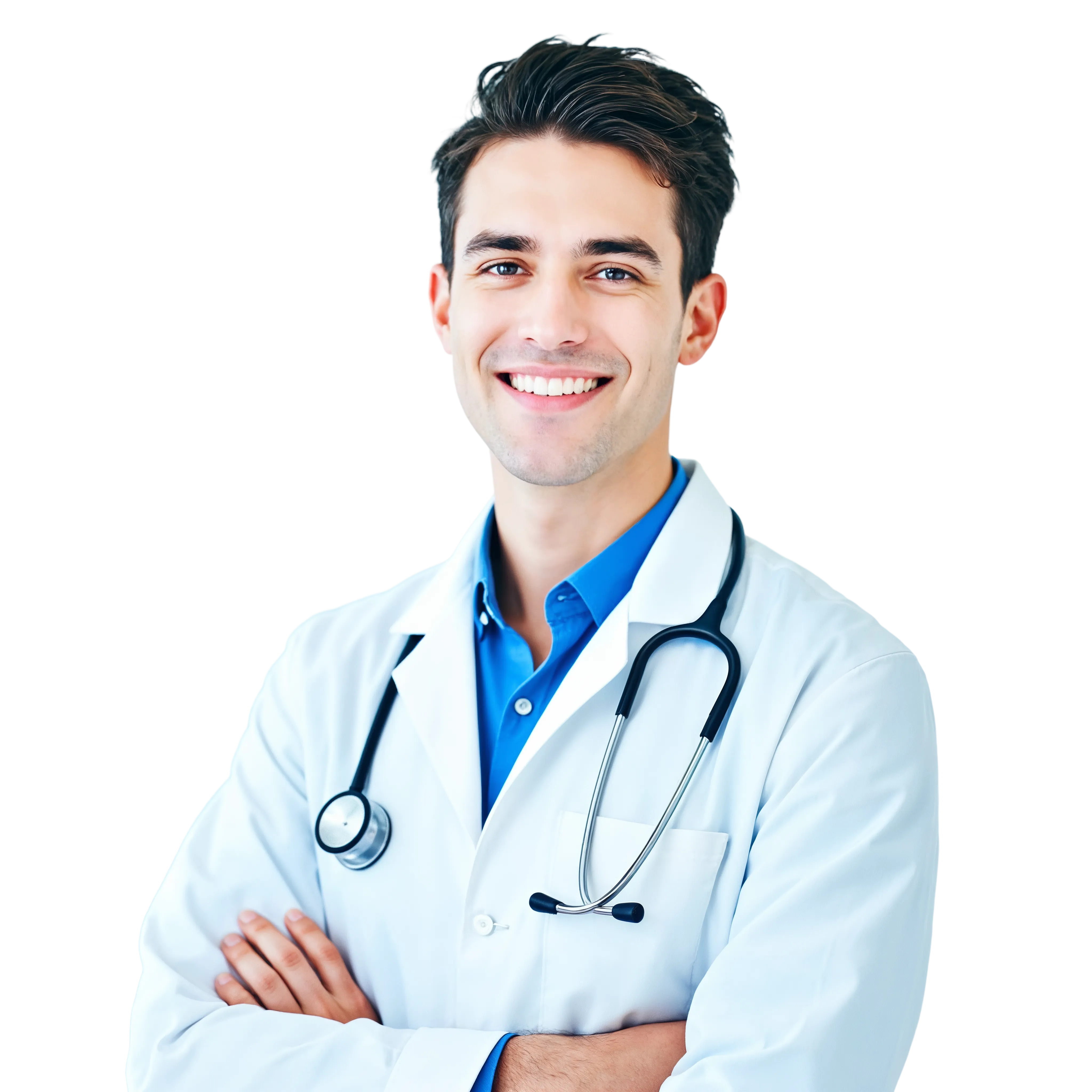 Smiling male doctor with dark hair, wearing a white coat and a blue shirt, with a stethoscope around his neck, standing against a black background.