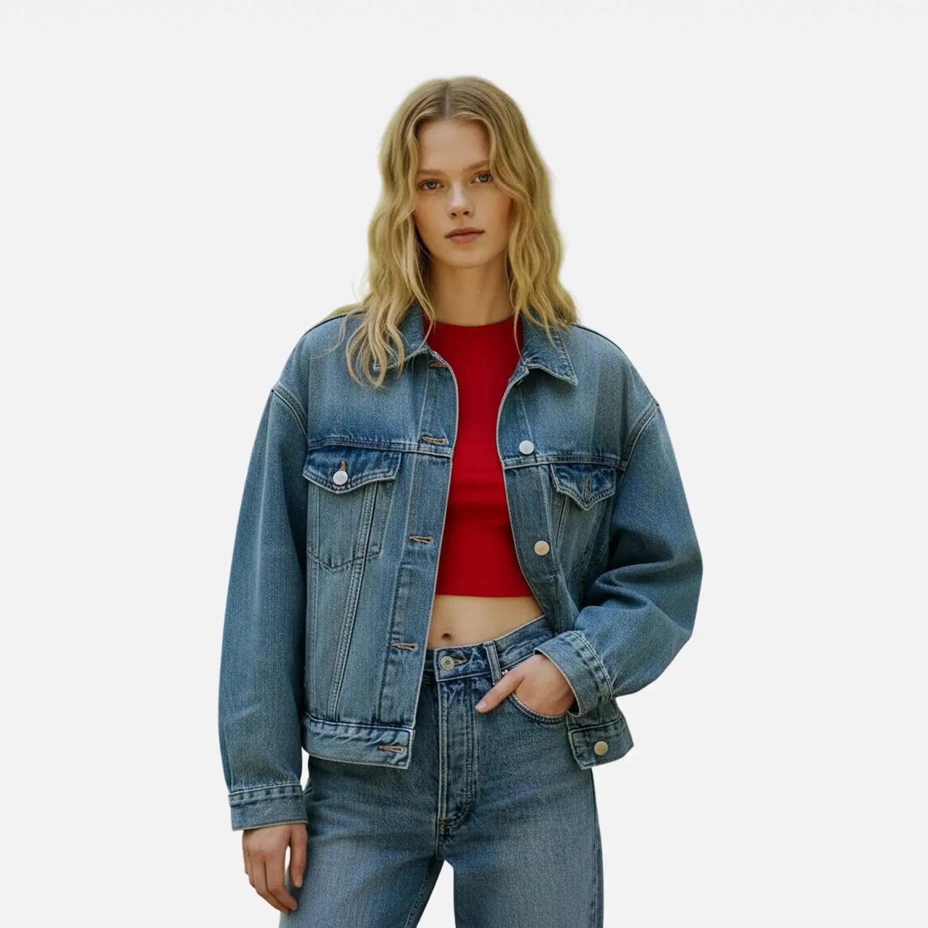 Woman wearing a blue denim jacket and jeans on a white background